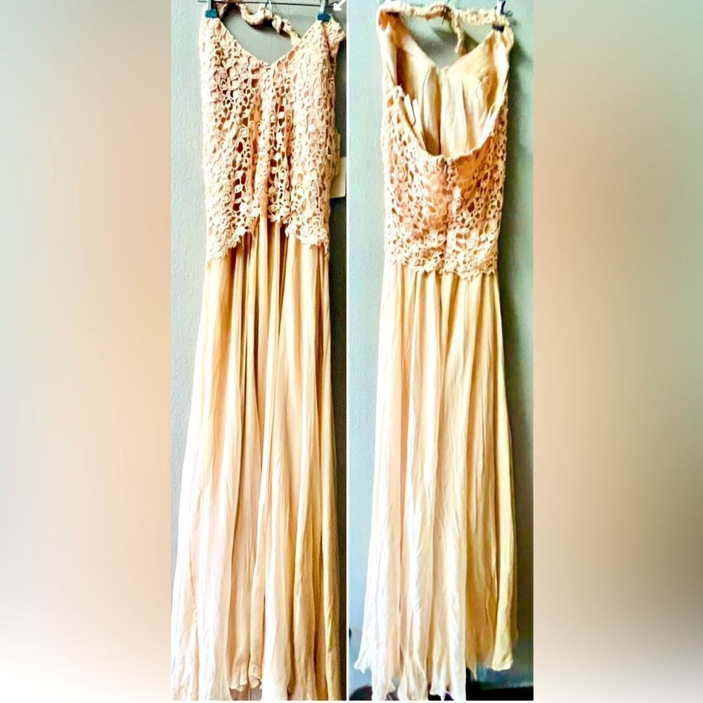 VINTAGE CAMERON BLAKE CROCHET HALTER CHIFFON GOWN SHELL PINK WOMENS SIZE 12~NWT